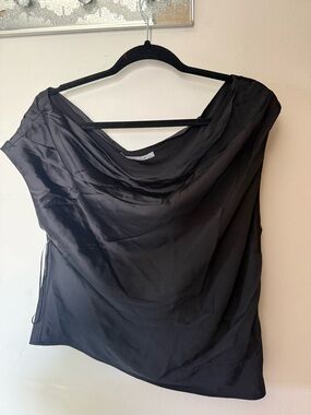 Silky Black Draped Cowl Neck Women's Top